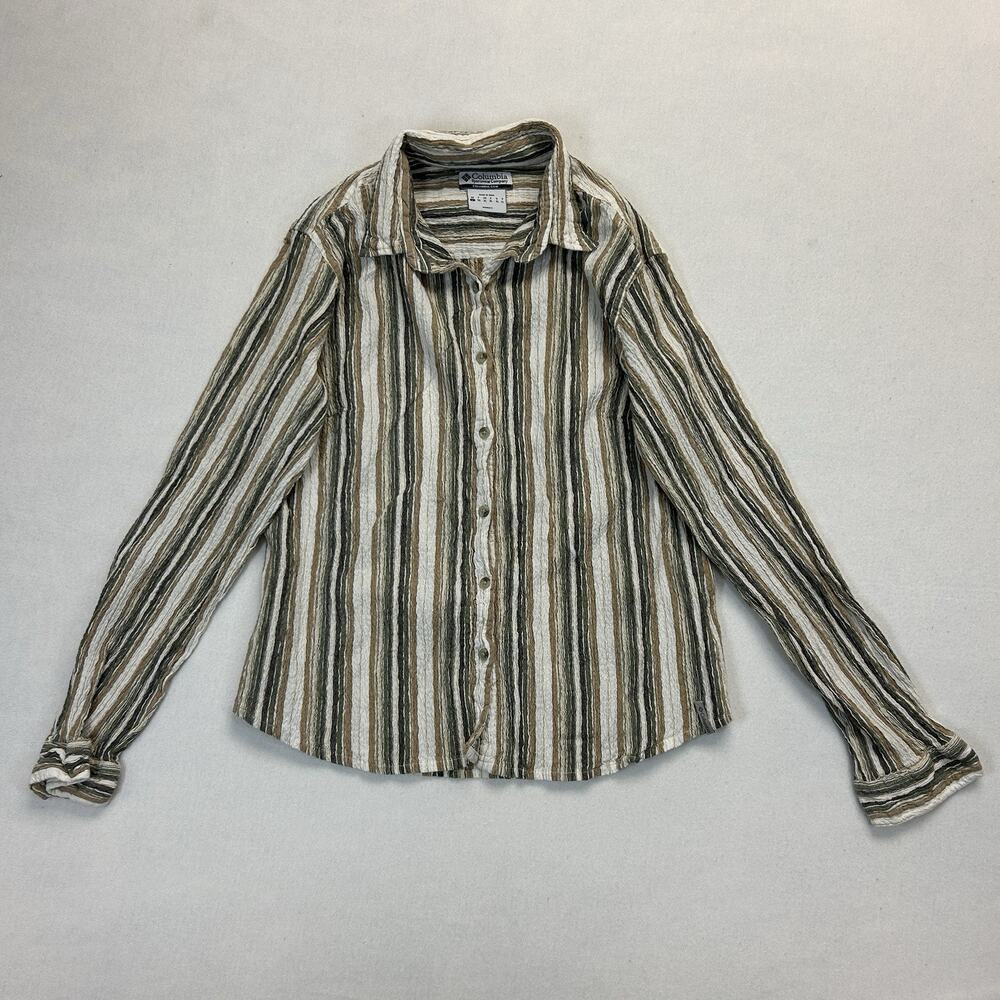 Columbia Seersucker Button Down Shirt Womens Large Striped Brown Green Beige Top